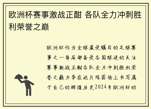 欧洲杯赛事激战正酣 各队全力冲刺胜利荣誉之巅